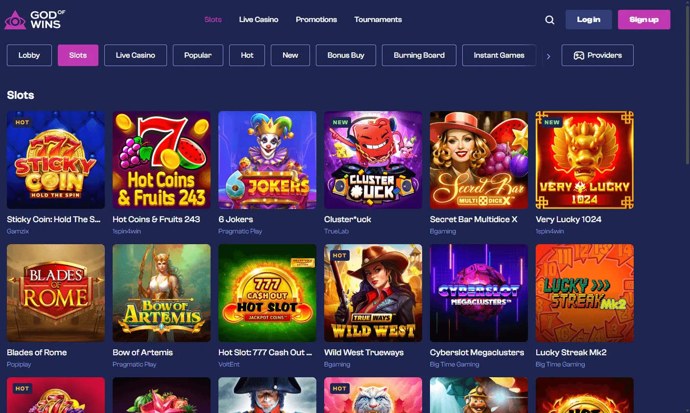 God Of Wins Casino desktop games screen