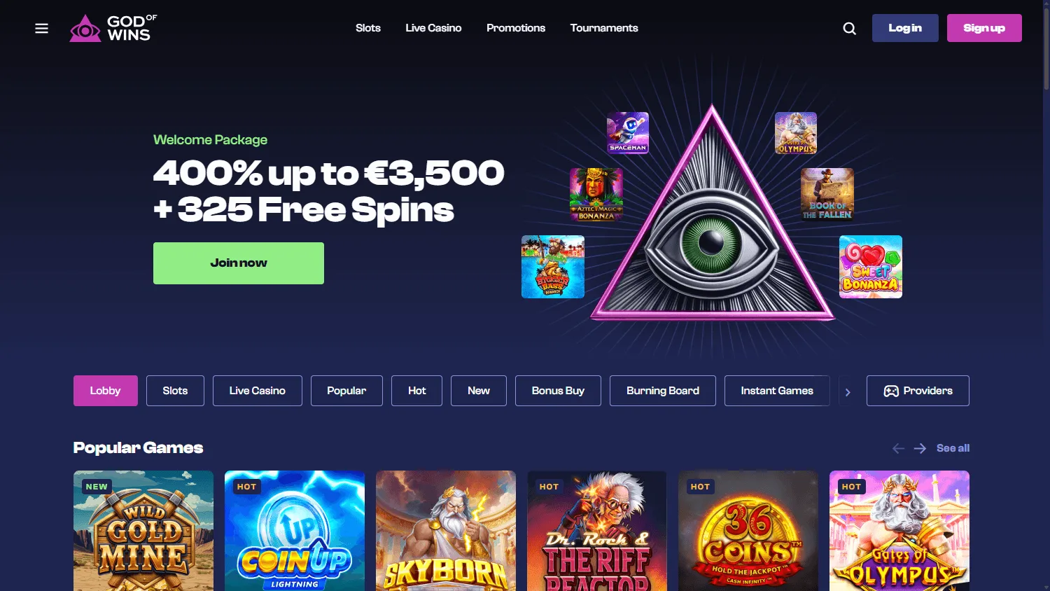 God Of Wins Casino desktop home screen