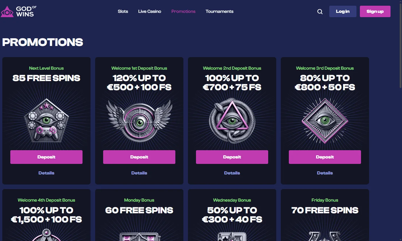 God Of Wins Casino desktop promotions screen