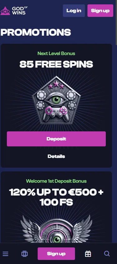 God Of Wins Casino mobile promotions screen