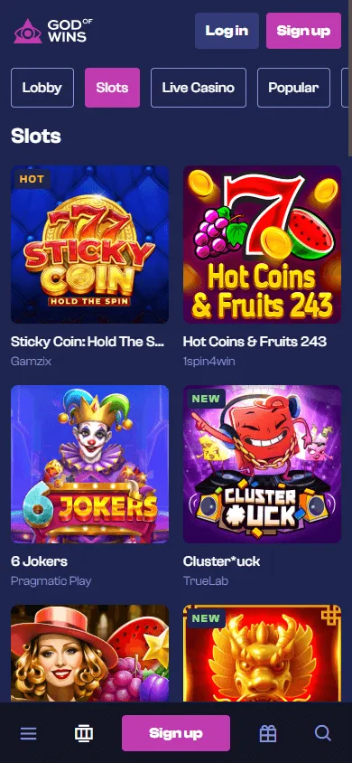 God Of Wins Casino mobile games screen