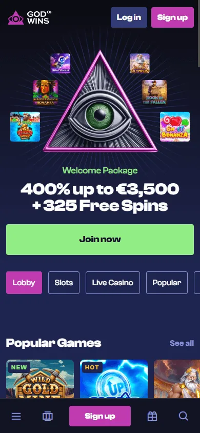 God Of Wins Casino mobile home screen